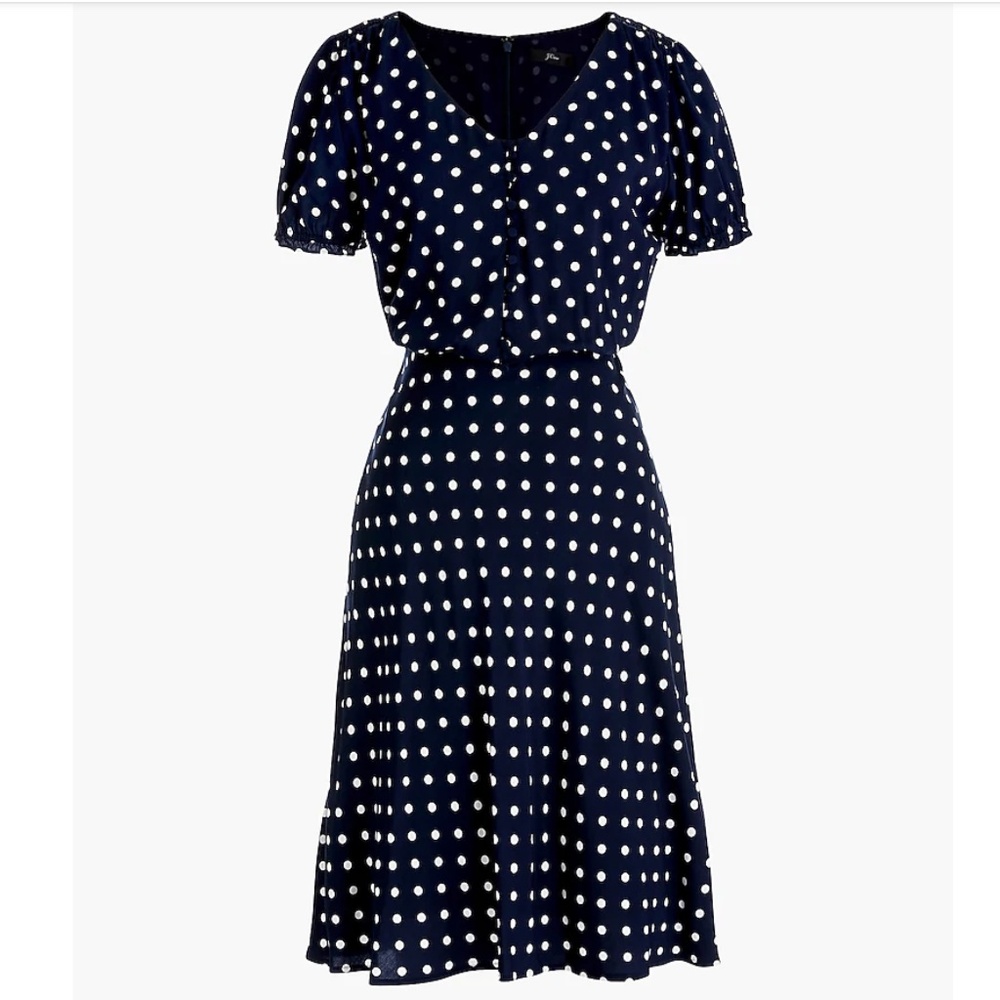 J.Crew short-sleeve dress in polka-dot print, Navy Ivory, Size 12